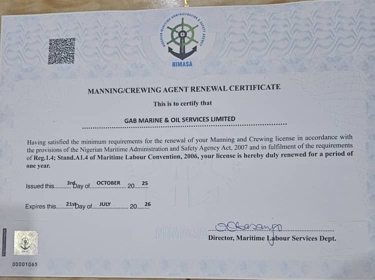 NIMASA Manning/Crewing Agent Renewal Certificate for GAB Marine & Oil Services Limited
